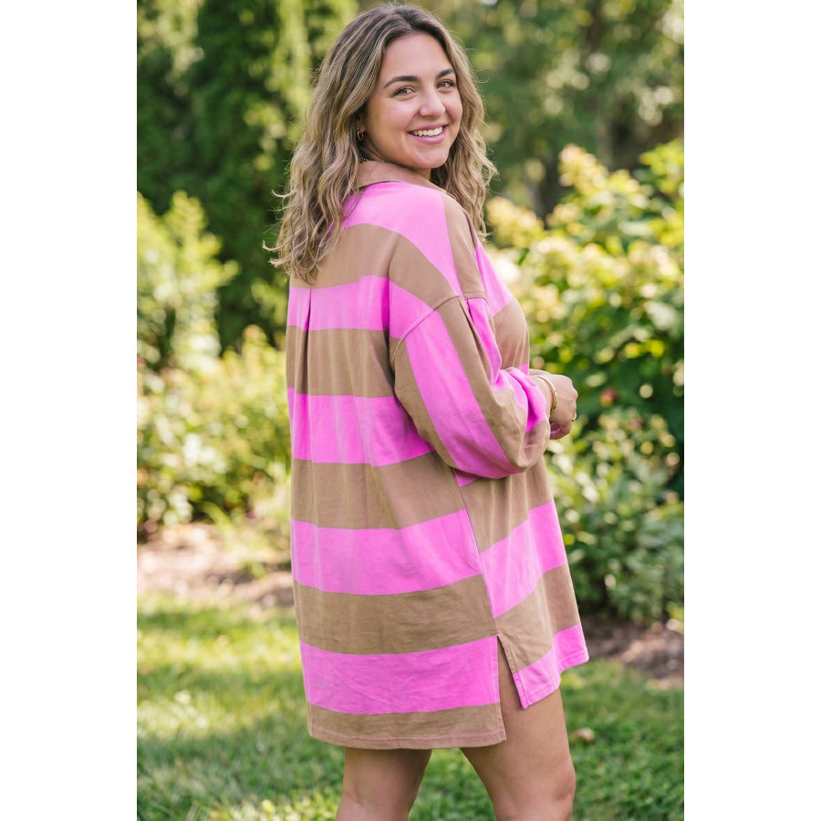 Rose Stripe Striped Colorblock Long Sleeve V Neck Shift Plus Size Dress Rose Stripe / 1X Plus Size/Plus Size Dresses/Plus Size Mini Dresses