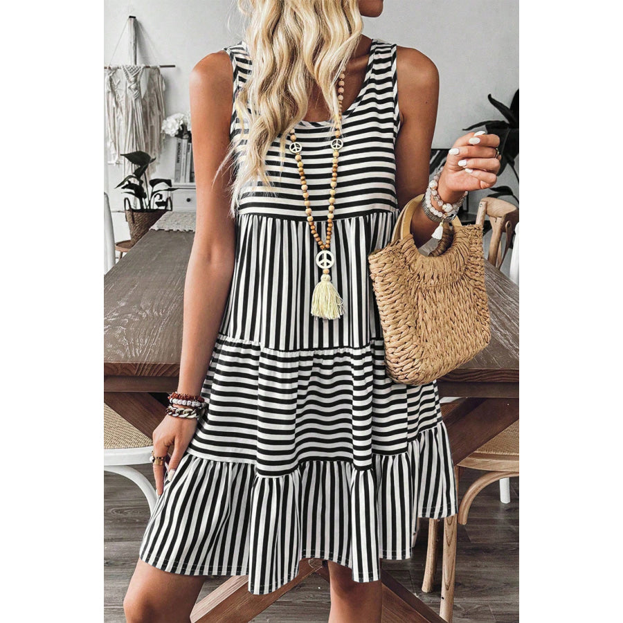 Rose Stripe U Neck Sleeveless Loose Fit Mini Dress Dresses/Mini Dresses