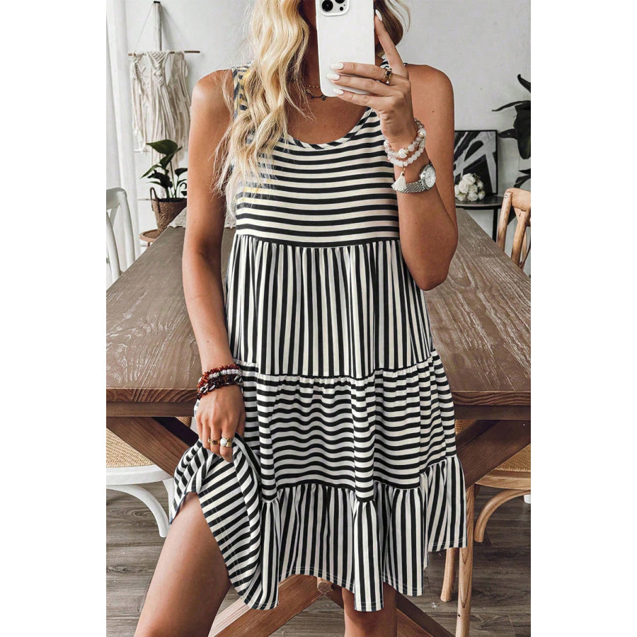 Rose Stripe U Neck Sleeveless Loose Fit Mini Dress Dresses/Mini Dresses