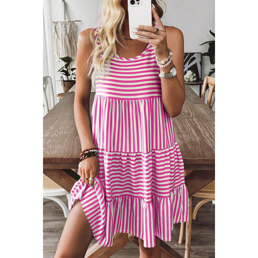 Rose Stripe U Neck Sleeveless Loose Fit Mini Dress Dresses/Mini Dresses