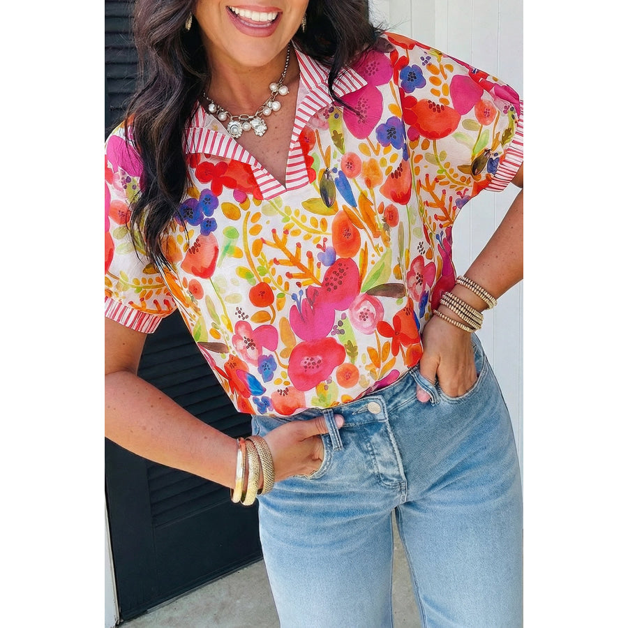 Rose Striped Trim Collared V Neck Short Sleeve Floral Print Blouse Rose / S / 100% Cotton Tops/Blouses & Shirts