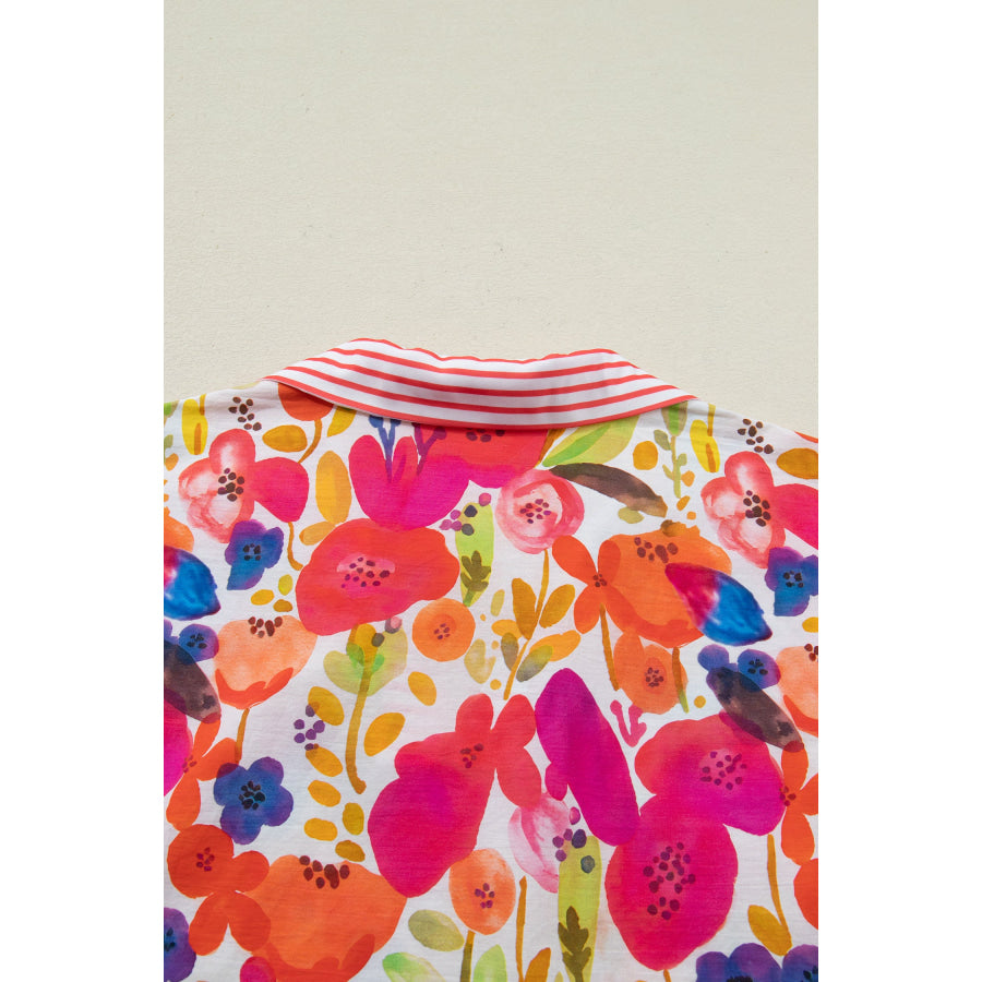 Rose Striped Trim Collared V Neck Short Sleeve Floral Print Blouse Tops/Blouses & Shirts