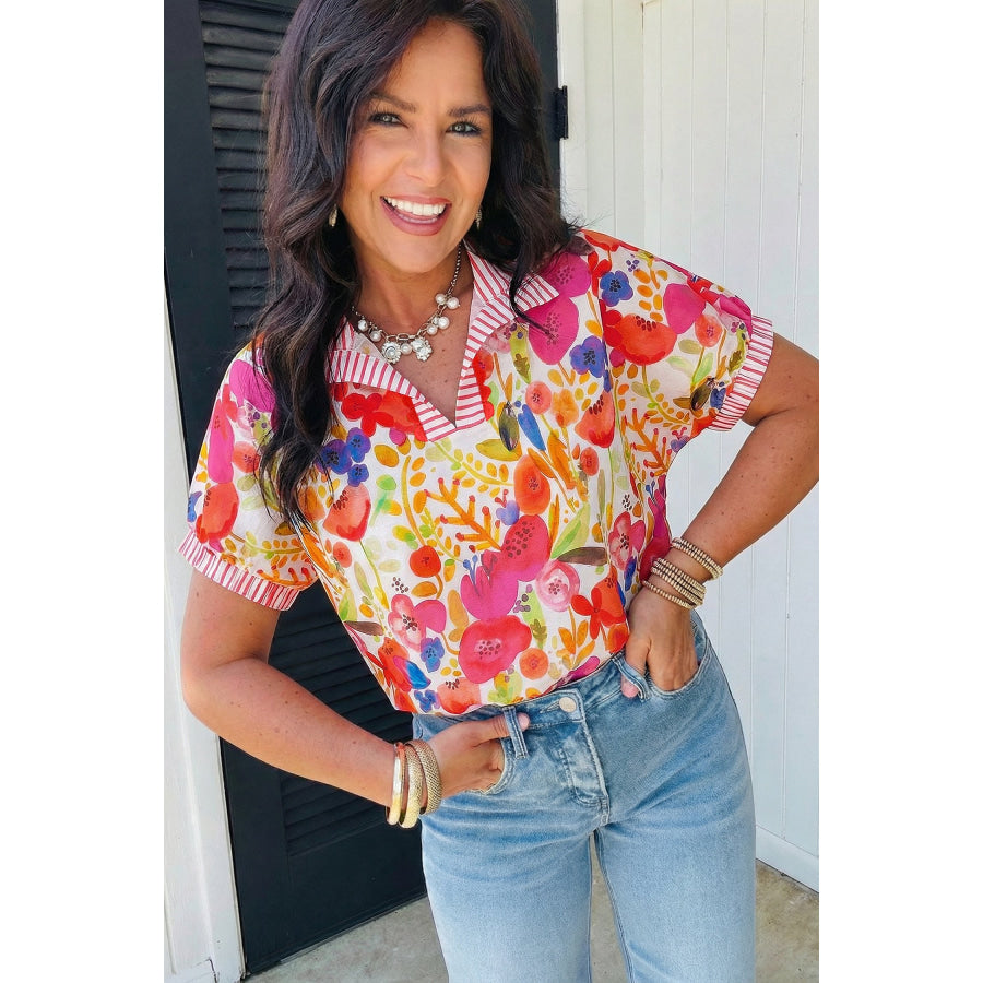 Rose Striped Trim Collared V Neck Short Sleeve Floral Print Blouse Tops/Blouses & Shirts