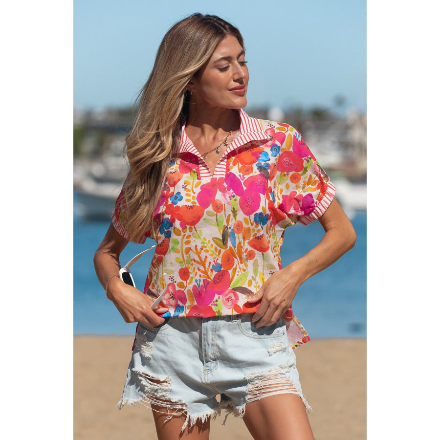 Rose Striped Trim Collared V Neck Short Sleeve Floral Print Blouse Tops/Blouses & Shirts