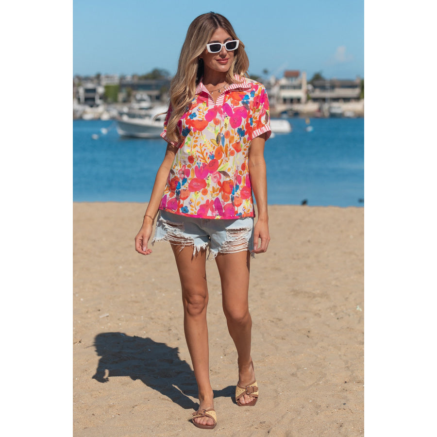 Rose Striped Trim Collared V Neck Short Sleeve Floral Print Blouse Tops/Blouses & Shirts