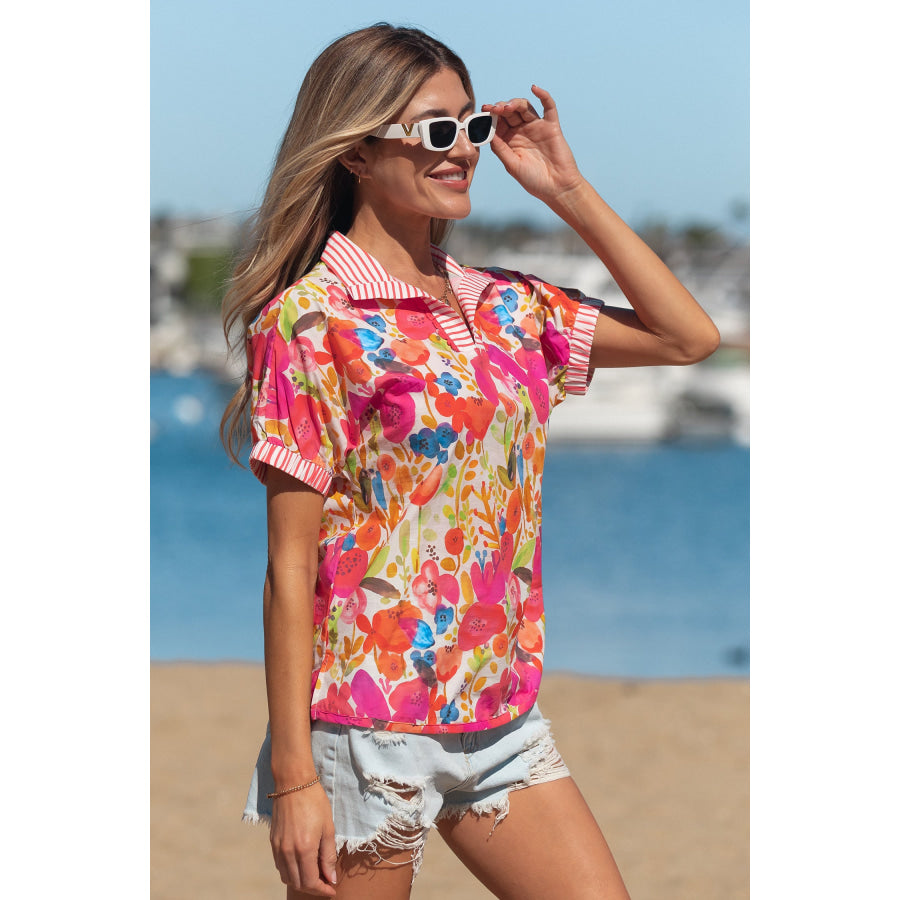 Rose Striped Trim Collared V Neck Short Sleeve Floral Print Blouse Tops/Blouses & Shirts