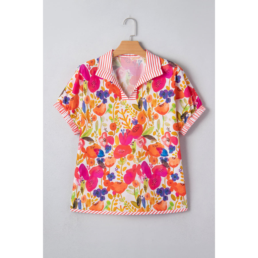 Rose Striped Trim Collared V Neck Short Sleeve Floral Print Blouse Tops/Blouses & Shirts