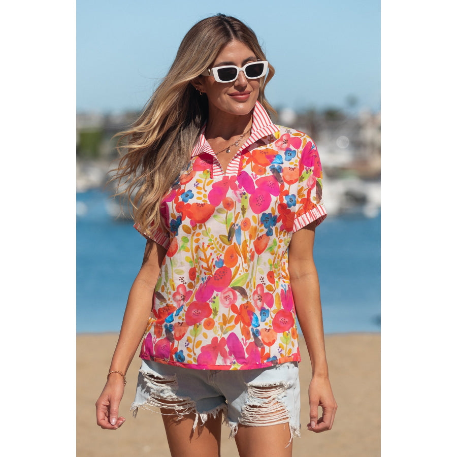 Rose Striped Trim Collared V Neck Short Sleeve Floral Print Blouse Tops/Blouses & Shirts