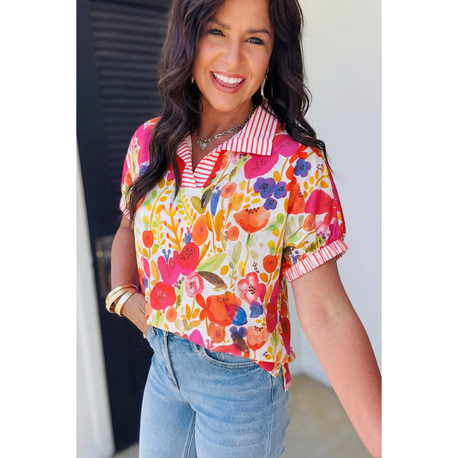 Rose Striped Trim Collared V Neck Short Sleeve Floral Print Blouse Tops/Blouses & Shirts
