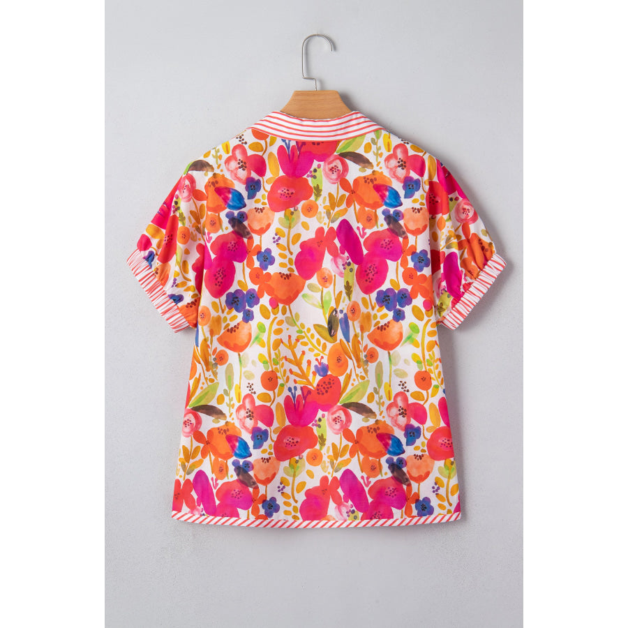 Rose Striped Trim Collared V Neck Short Sleeve Floral Print Blouse Tops/Blouses & Shirts