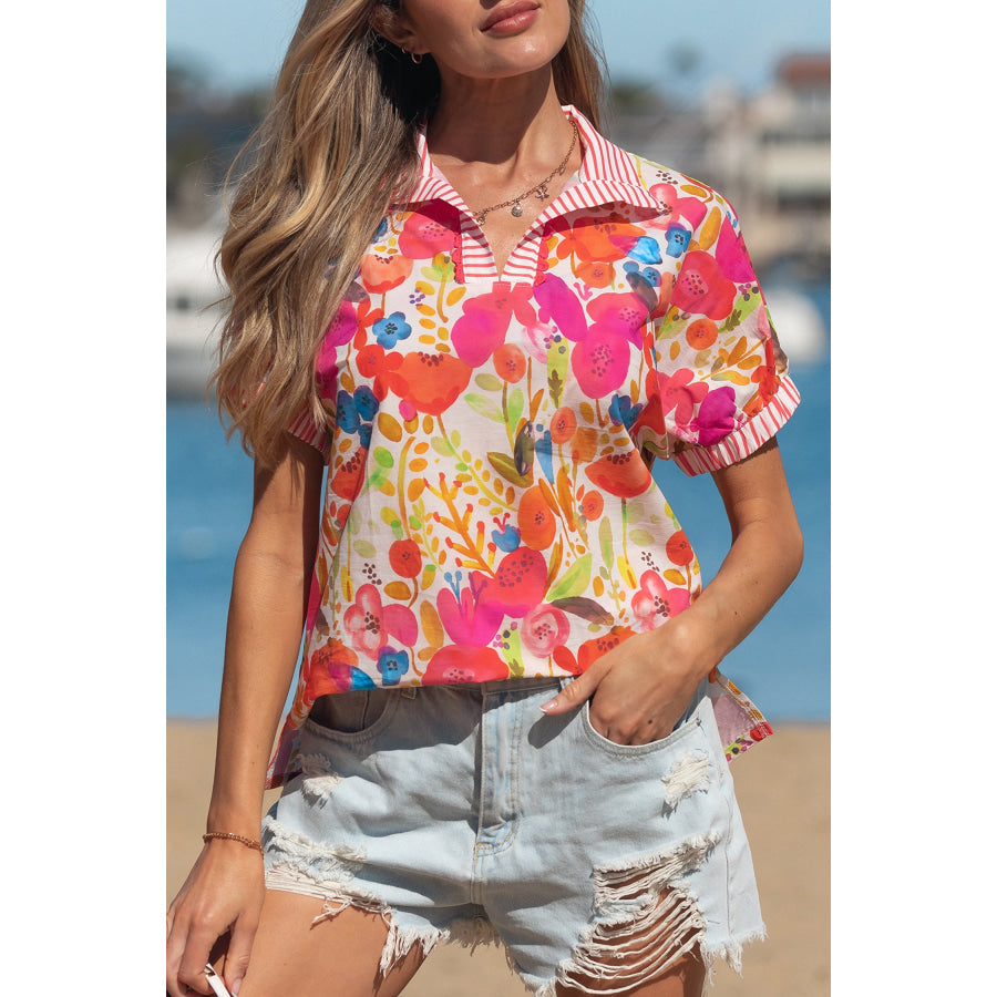 Rose Striped Trim Collared V Neck Short Sleeve Floral Print Blouse Tops/Blouses & Shirts