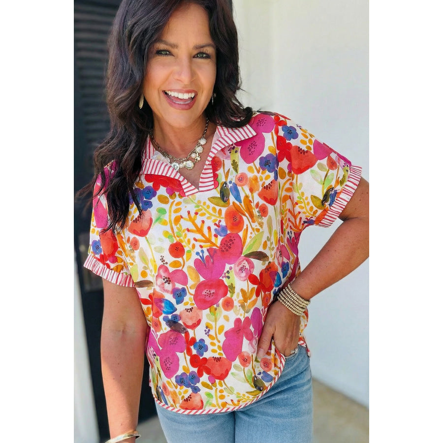 Rose Striped Trim Collared V Neck Short Sleeve Floral Print Blouse Tops/Blouses & Shirts