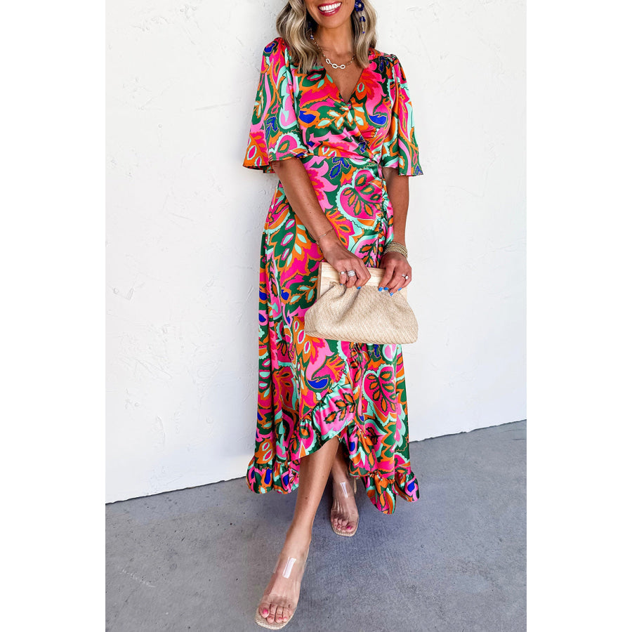 Rose Summer Plant Print Surpliced V Neck Ruffled Asymmetric Slit Wide Short Sleeve Maxi Dress Dresses/Maxi Dresses