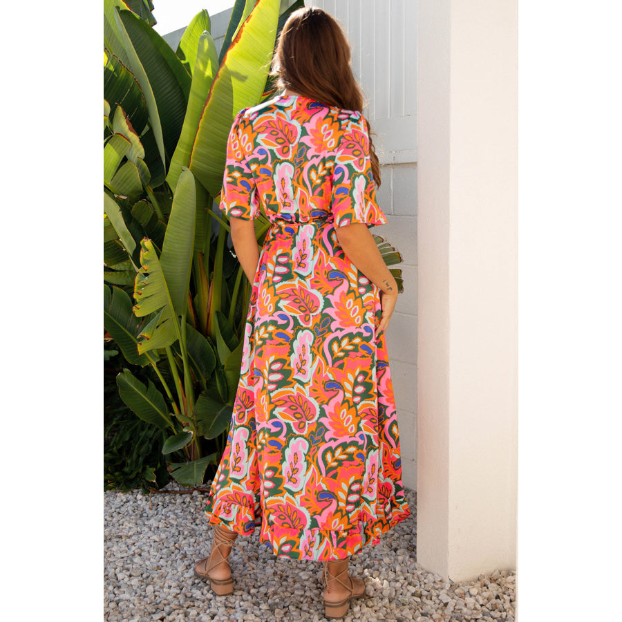 Rose Summer Plant Print Surpliced V Neck Ruffled Asymmetric Slit Wide Short Sleeve Maxi Dress Dresses/Maxi Dresses