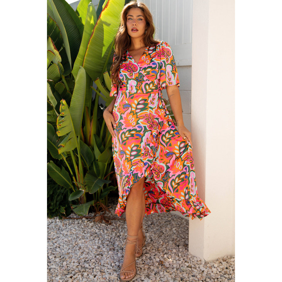 Rose Summer Plant Print Surpliced V Neck Ruffled Asymmetric Slit Wide Short Sleeve Maxi Dress Dresses/Maxi Dresses