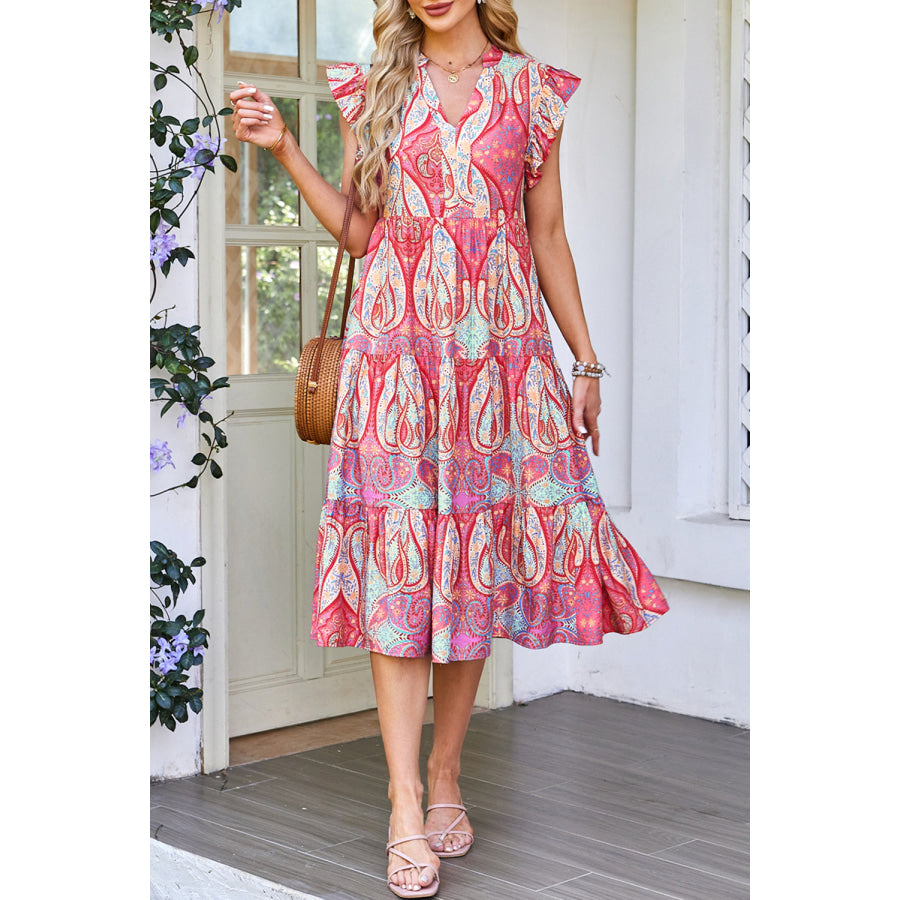 Rose Tribal Paisley Print Ruffled Sleeve Notch Neck Midi Dress Dresses/Floral Dresses
