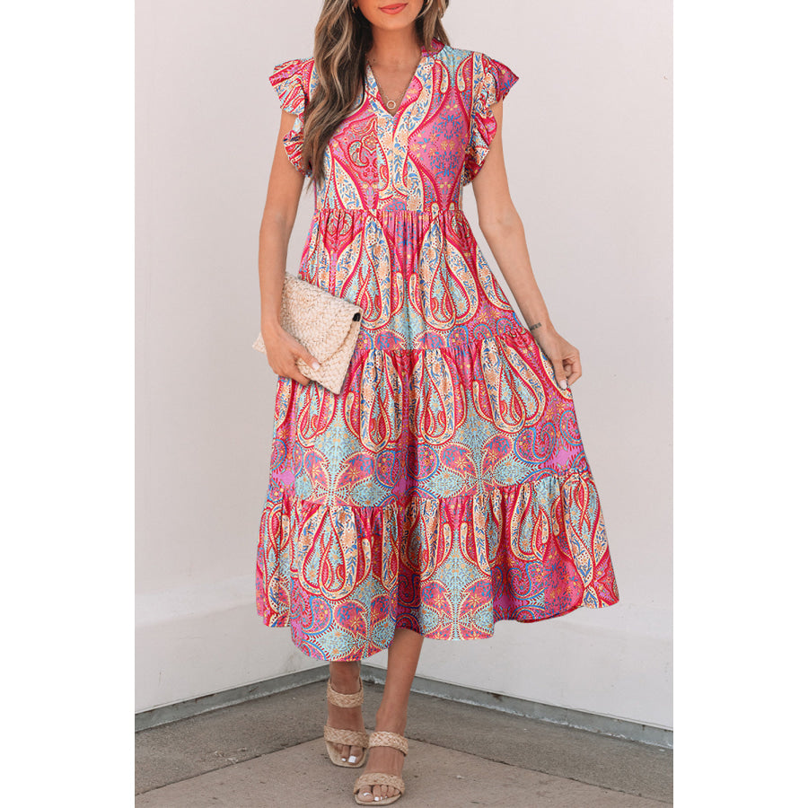 Rose Tribal Paisley Print Ruffled Sleeve Notch Neck Midi Dress Dresses/Floral Dresses