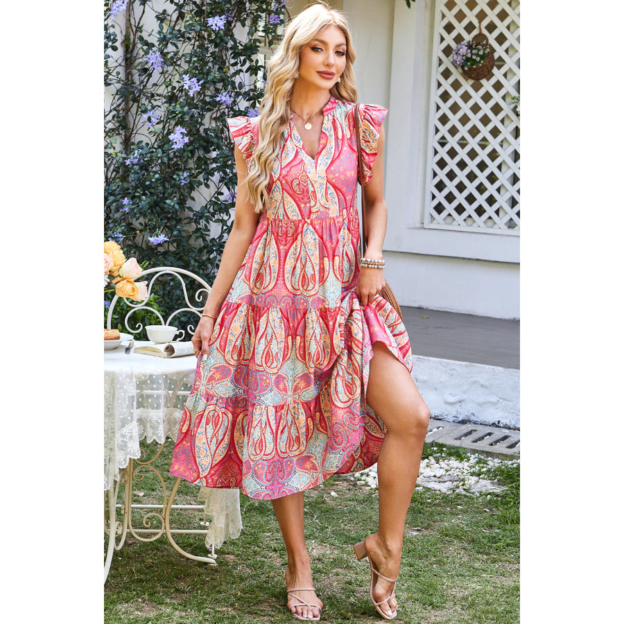 Rose Tribal Paisley Print Ruffled Sleeve Notch Neck Midi Dress Dresses/Floral Dresses