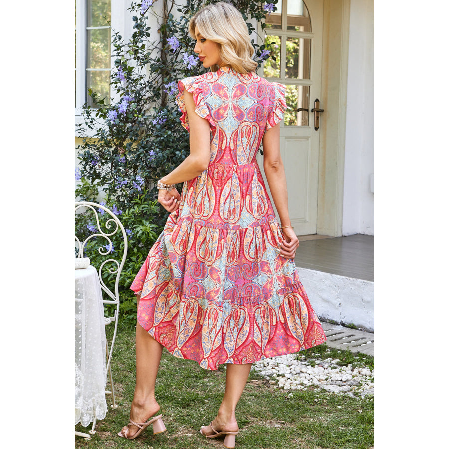 Rose Tribal Paisley Print Ruffled Sleeve Notch Neck Midi Dress Dresses/Floral Dresses