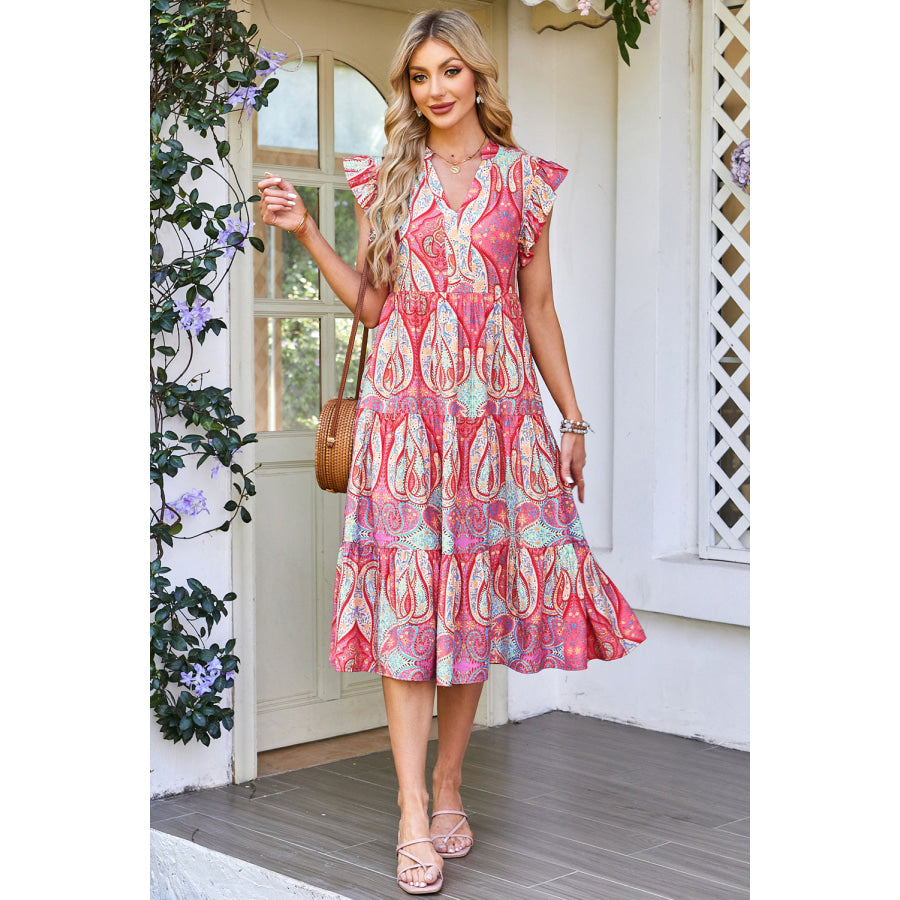 Rose Tribal Paisley Print Ruffled Sleeve Notch Neck Midi Dress Rose / S / 84% Viscose + 16% Polyamide Dresses/Floral Dresses