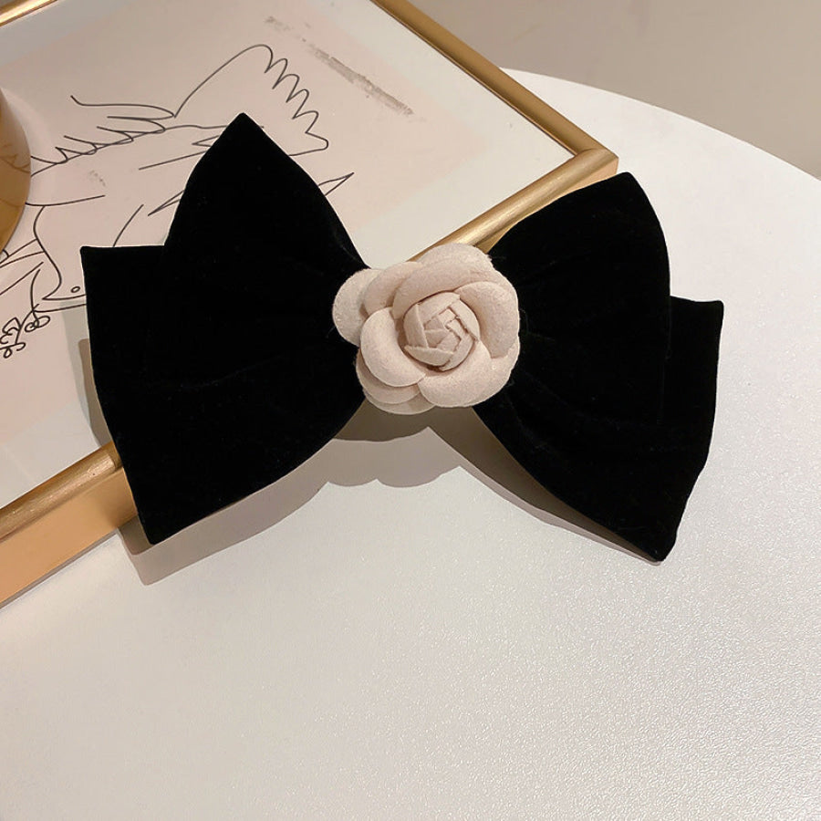 Rose Trim Bow Hair Clip Black / One Size Apparel and Accessories