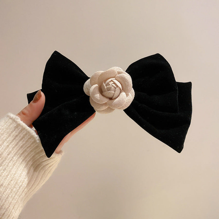 Rose Trim Bow Hair Clip Black / One Size Apparel and Accessories