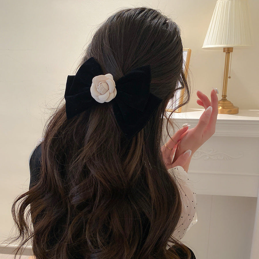 Rose Trim Bow Hair Clip Black / One Size Apparel and Accessories