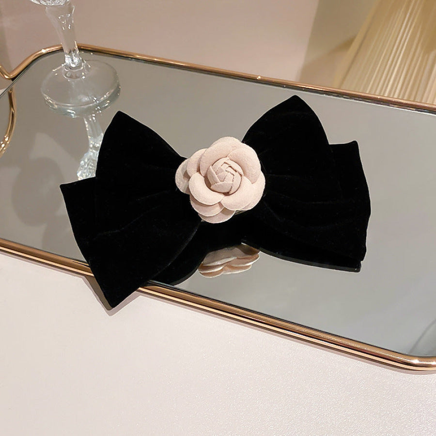Rose Trim Bow Hair Clip Black / One Size Apparel and Accessories