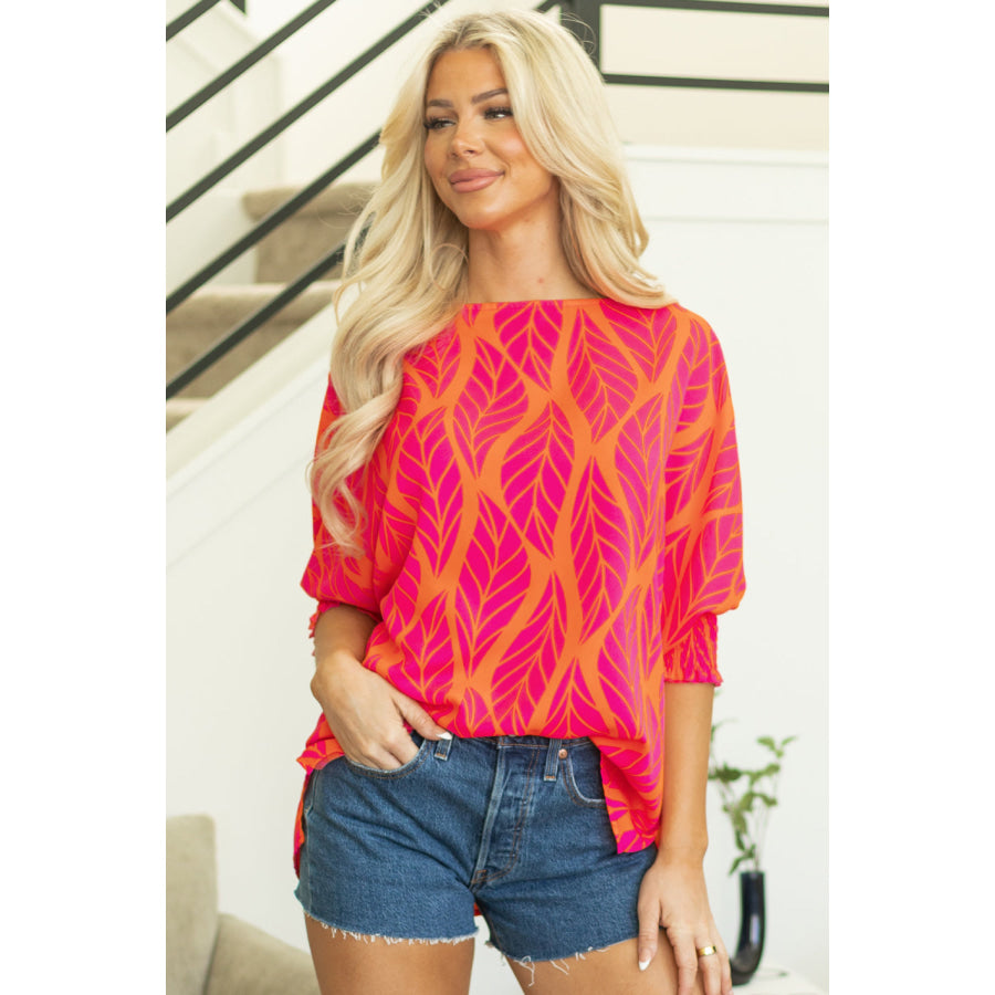 Rose Tropical Leaf Print Smocked Puff Sleeve Blouse Tops/Blouses &amp; Shirts
