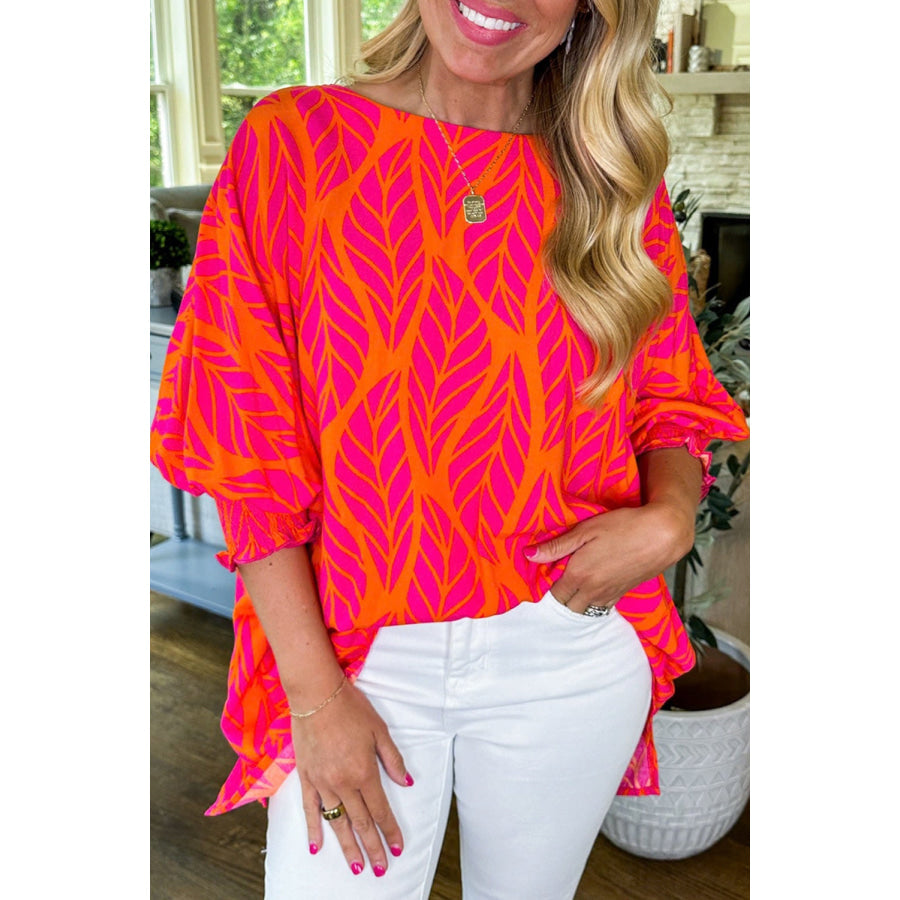 Rose Tropical Leaf Print Smocked Puff Sleeve Blouse Tops/Blouses & Shirts