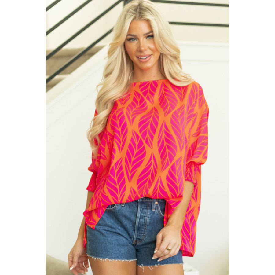 Rose Tropical Leaf Print Smocked Puff Sleeve Blouse Tops/Blouses &amp; Shirts