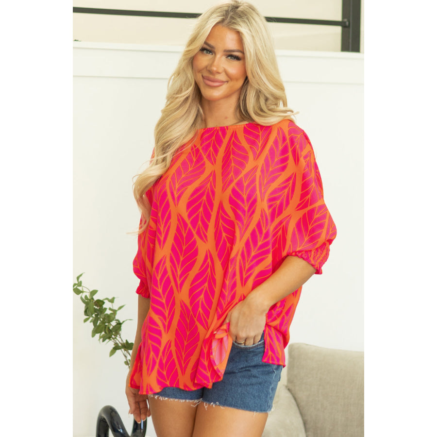 Rose Tropical Leaf Print Smocked Puff Sleeve Blouse Tops/Blouses &amp; Shirts