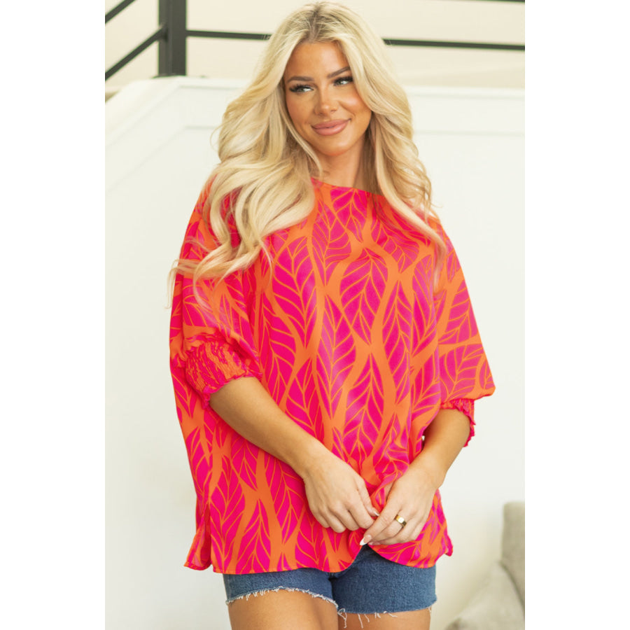 Rose Tropical Leaf Print Smocked Puff Sleeve Blouse Tops/Blouses &amp; Shirts