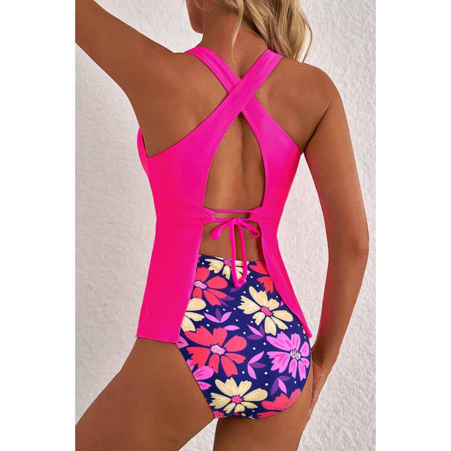 Rose V Neck Ruffled Hem Floral Bottom Tankini Set Swimwear/Tankinis