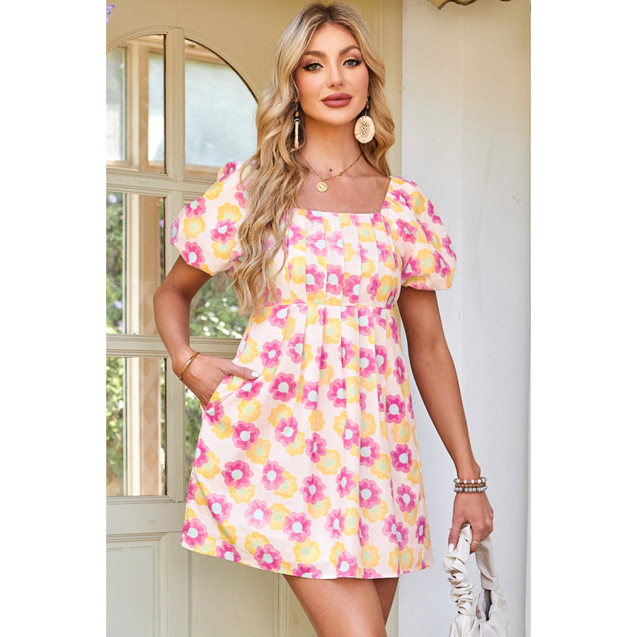 Rose Vibrant Floral Square Neck Puff Sleeve Pleated Flared Midi Dress Rose / S / 100% Cotton Dresses/Floral Dresses
