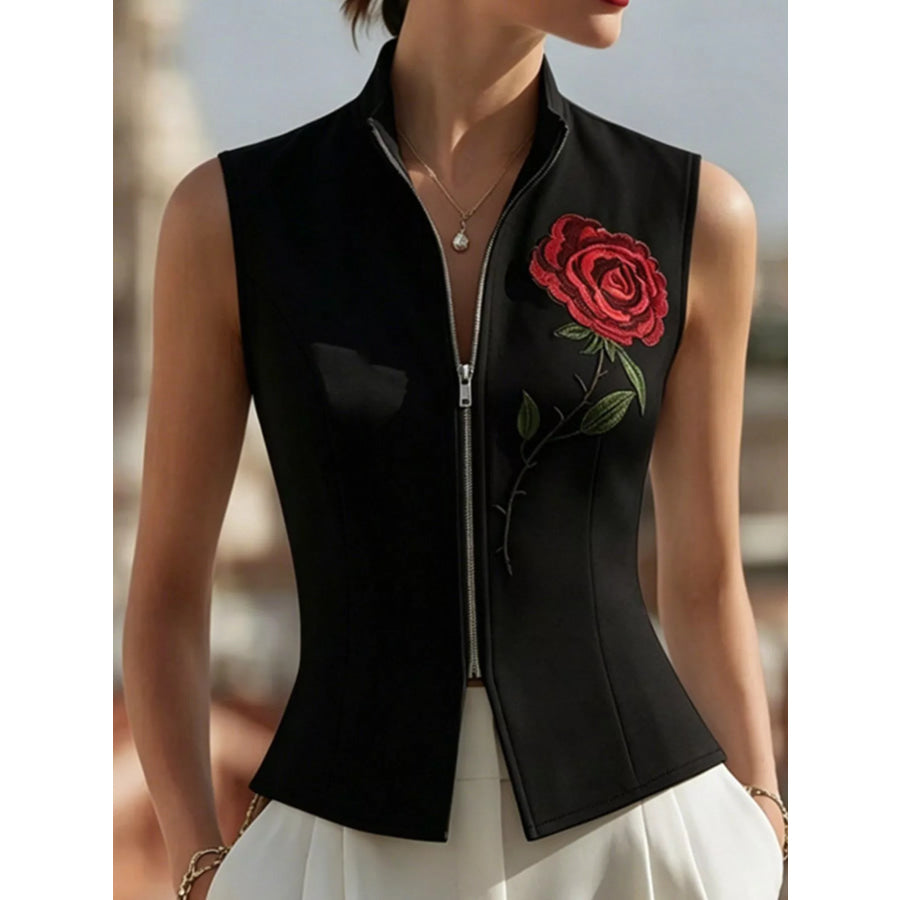 Rose Zip Up Sleeveless Shirt Black / S Apparel and Accessories