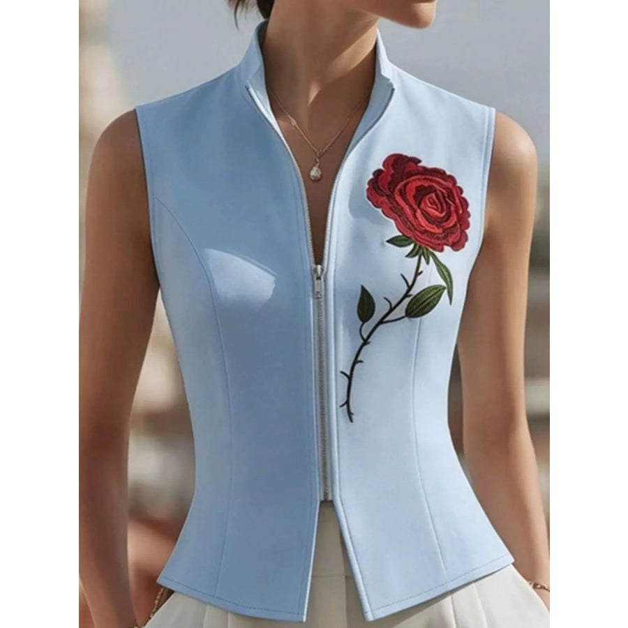 Rose Zip Up Sleeveless Shirt Light Blue / S Apparel and Accessories