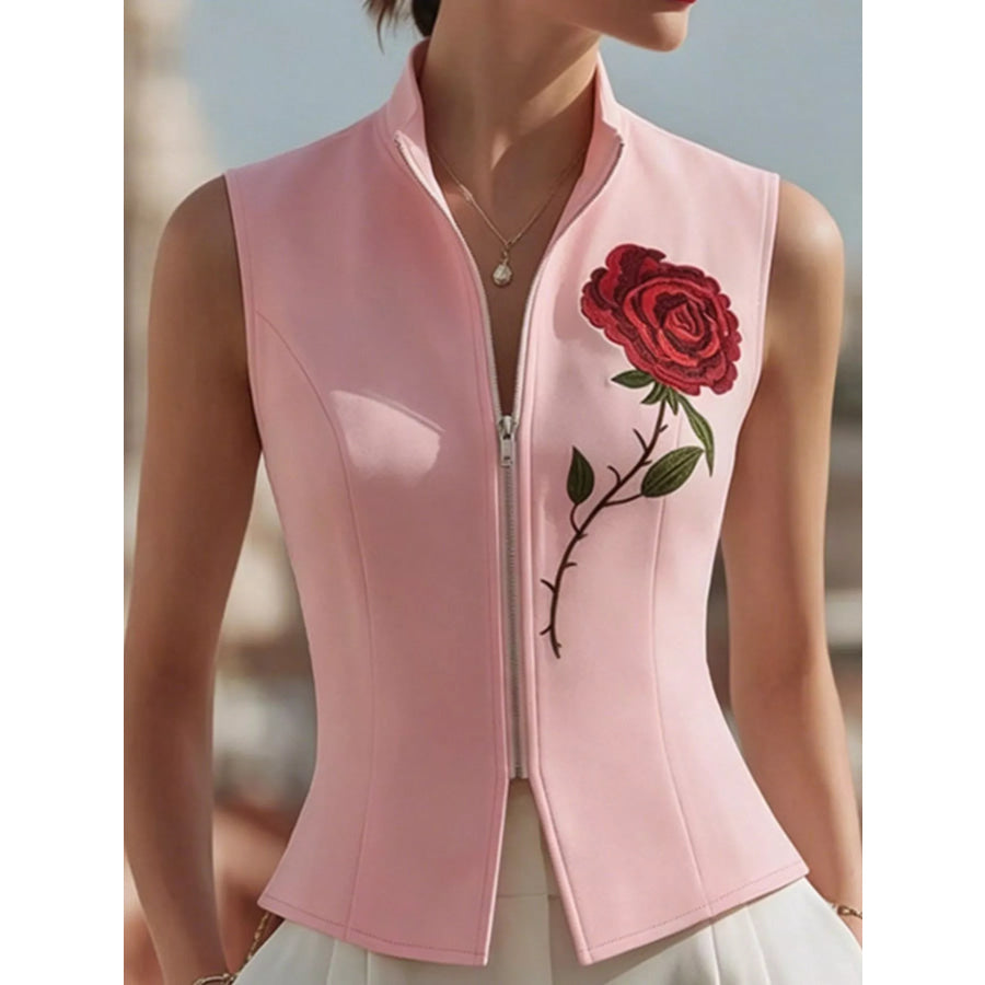 Rose Zip Up Sleeveless Shirt Pink / S Apparel and Accessories