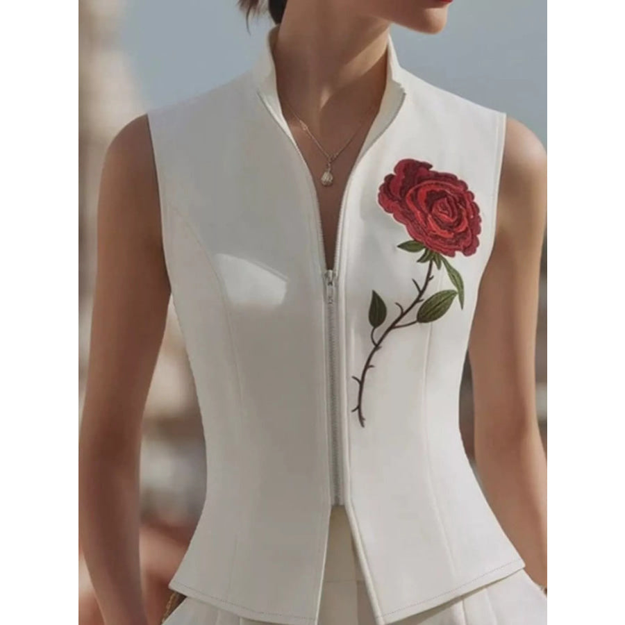 Rose Zip Up Sleeveless Shirt White / S Apparel and Accessories