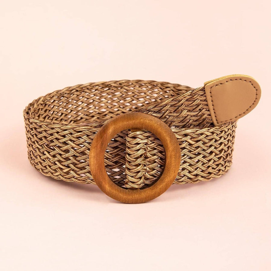 Round Buckle Woven Belt Caramel / One Size Apparel and Accessories