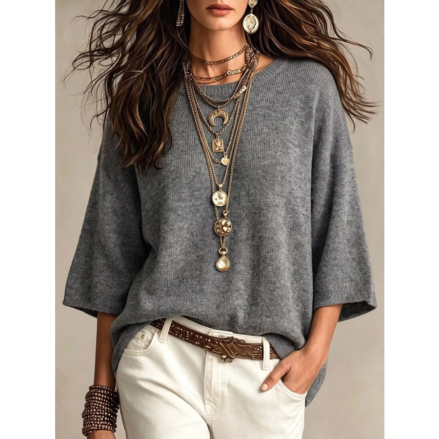 Round Neck 3/4 Sleeve Knit Top Apparel and Accessories