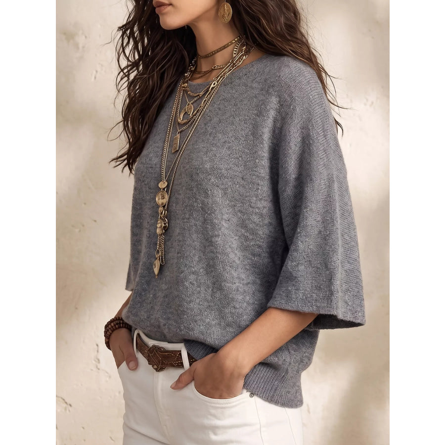 Round Neck 3/4 Sleeve Knit Top Apparel and Accessories