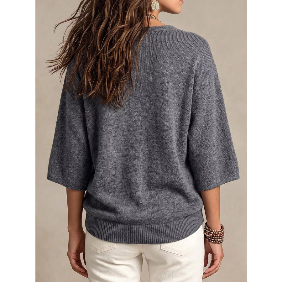 Round Neck 3/4 Sleeve Knit Top Apparel and Accessories