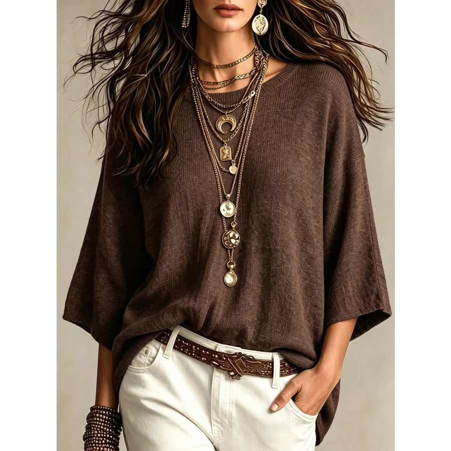 Round Neck 3/4 Sleeve Knit Top Brown / S Apparel and Accessories