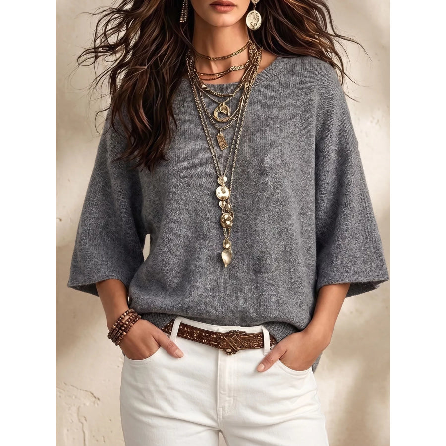 Round Neck 3/4 Sleeve Knit Top Gray / S Apparel and Accessories
