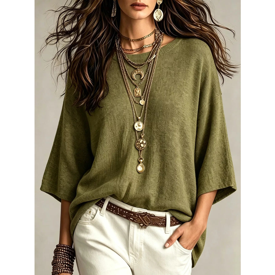 Round Neck 3/4 Sleeve Knit Top Green / S Apparel and Accessories