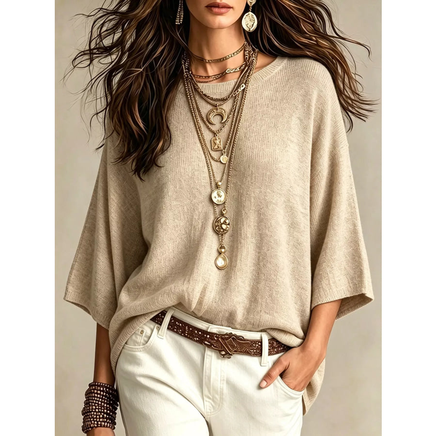Round Neck 3/4 Sleeve Knit Top Tan / S Apparel and Accessories