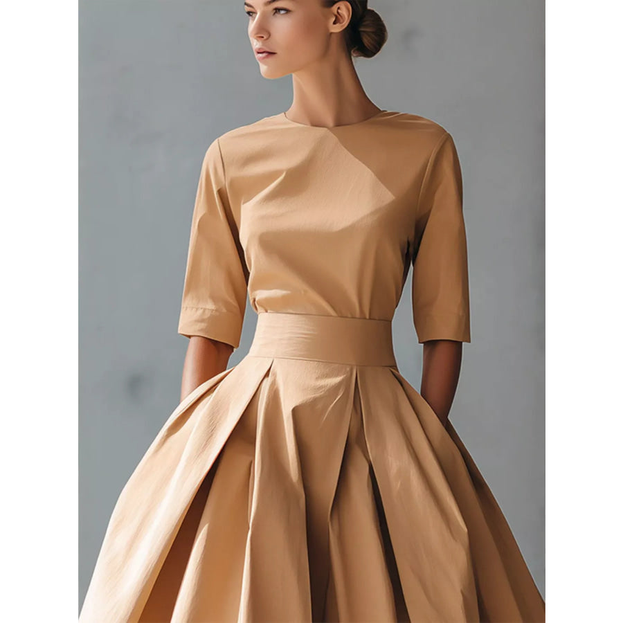 Round Neck A-Line Midi Dress Apparel and Accessories