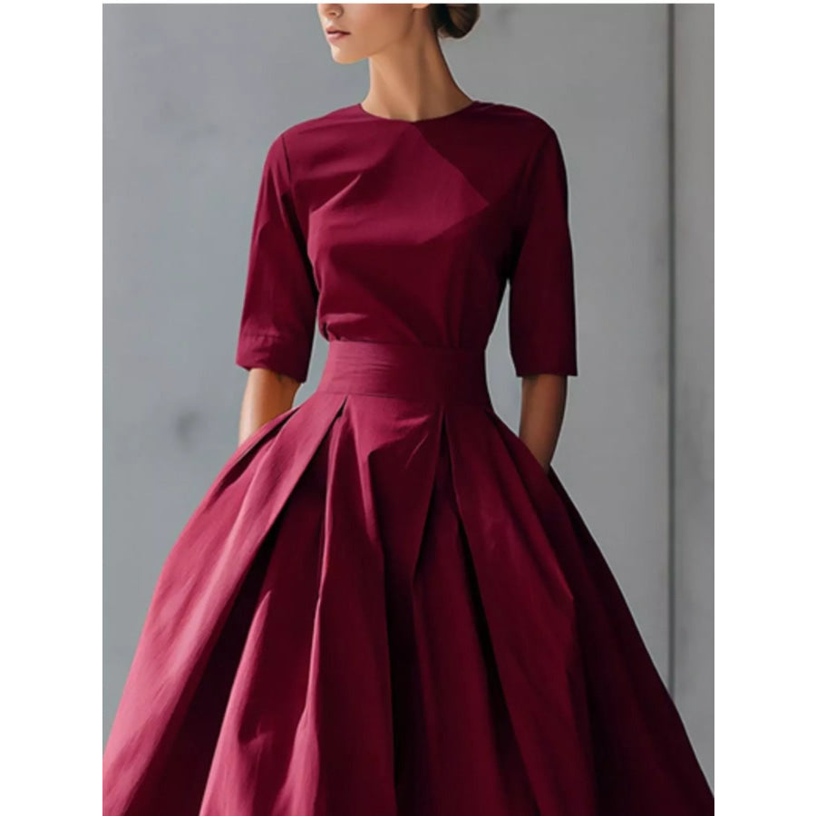 Round Neck A-Line Midi Dress Apparel and Accessories