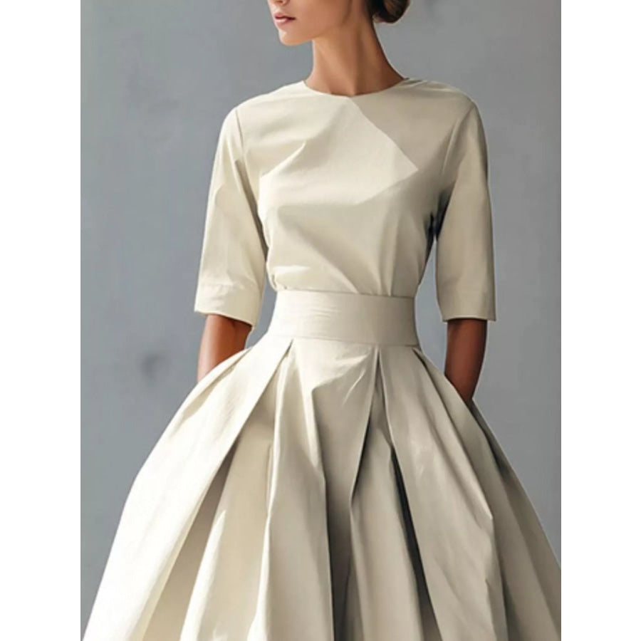 Round Neck A-Line Midi Dress Apparel and Accessories